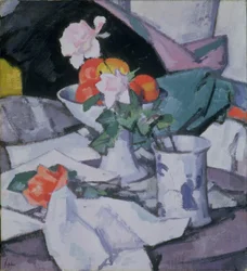 Stilleben, rosor och kinesisk burk